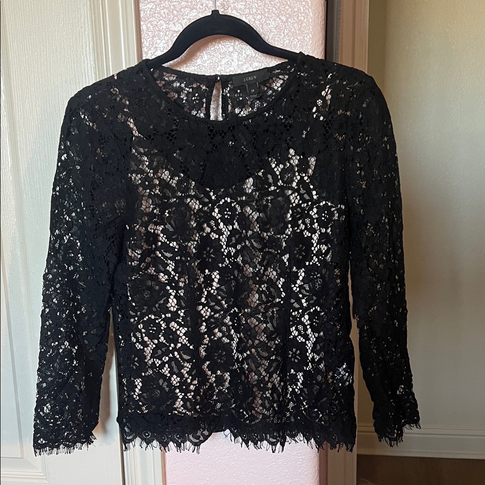 J. Crew Black Lace 3/4 Sleeve Blouse with Peter Pan Collar